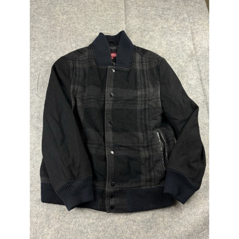 Merona Men's M Wool Blend Bomber Jacket Grunge Gray Plaid Full Zip Y2K 00s Biker